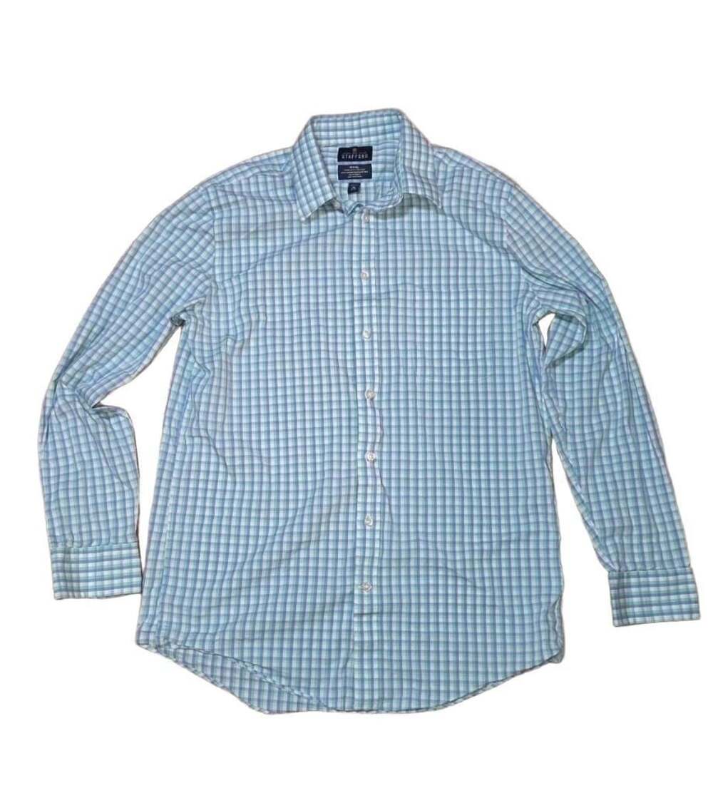 Stafford Travel Comfort Stretch Men's Green and Blue Dress Shirt Size 16 34-35